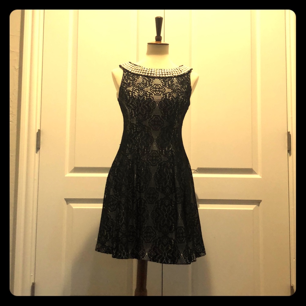 Betsey Johnson black dress with white pearls